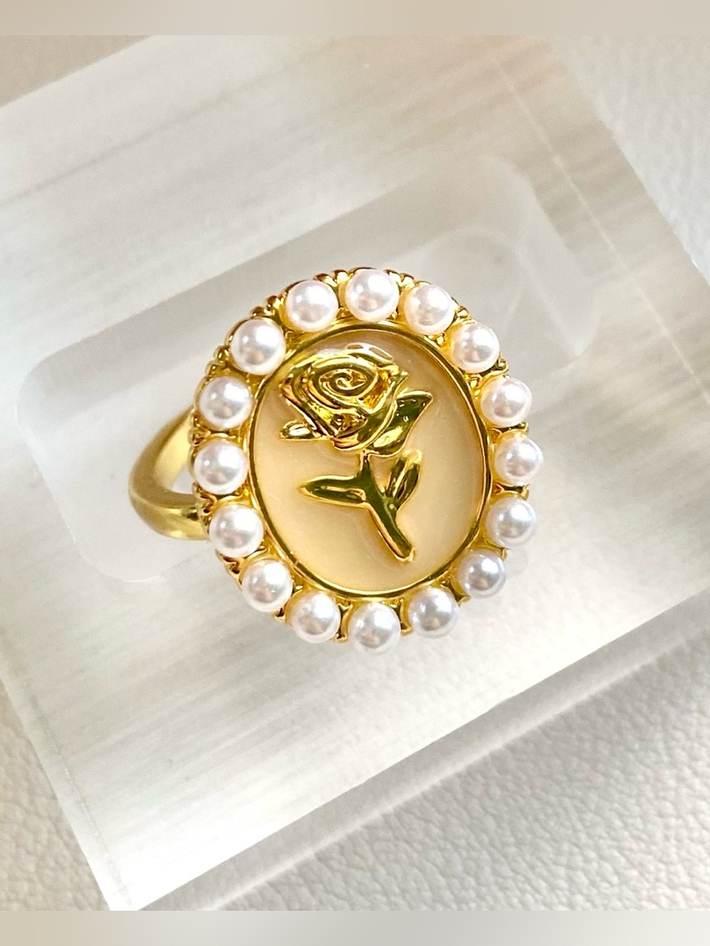 Gold Rose Pearl-Trim Signet Ring